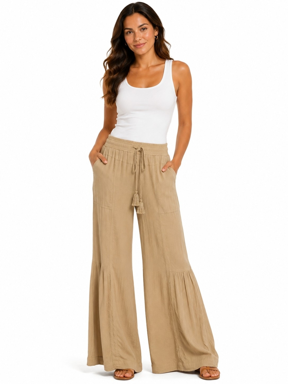 Rewash Beige Wide-Leg Tassel Drawstring Pants